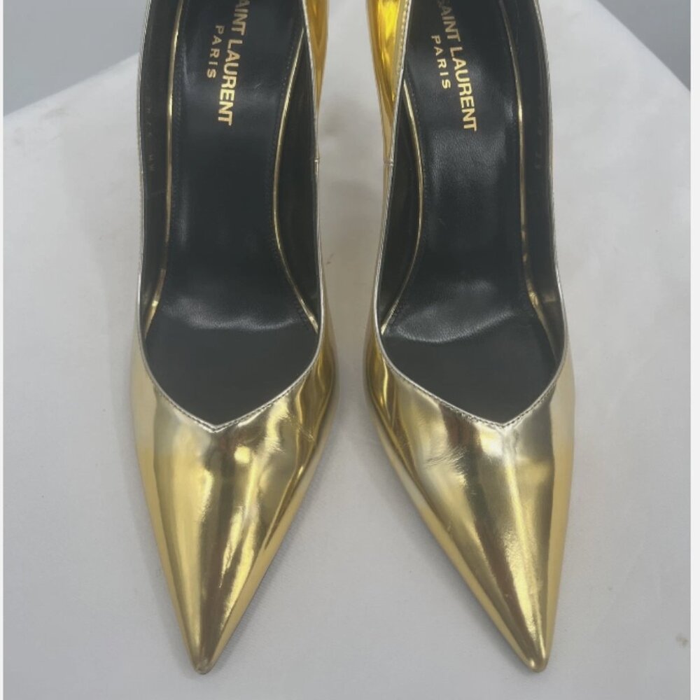 Saint Laurent Paris Kiki Gold Patent Leather Women Pointed ToHeels Shoes Size 39
